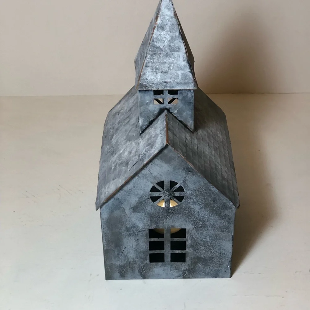 Metal Pre-Lit Church/Chapel Votive Holder in Distressed Galvanized Gray, EUC